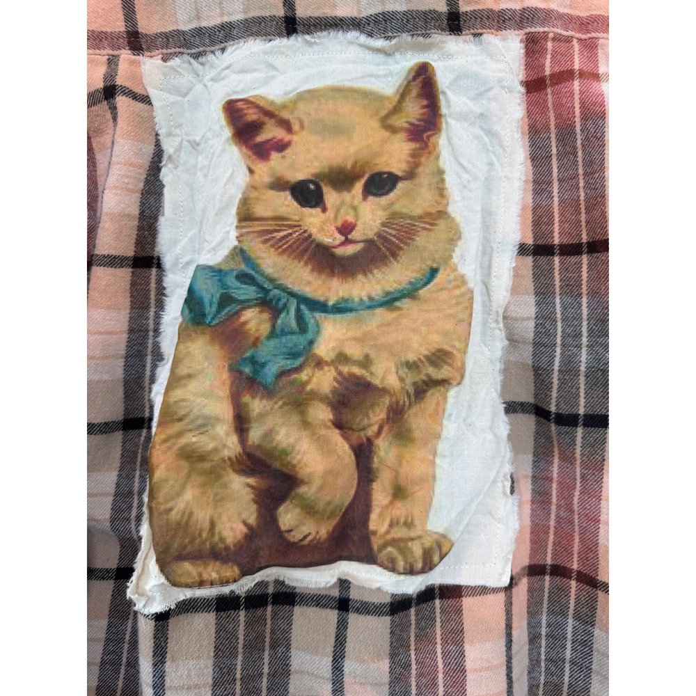 Upcycled Cat Patch Flannel Shirt Medium PacSun Cottagecore Folk Art - Picture 3 of 7